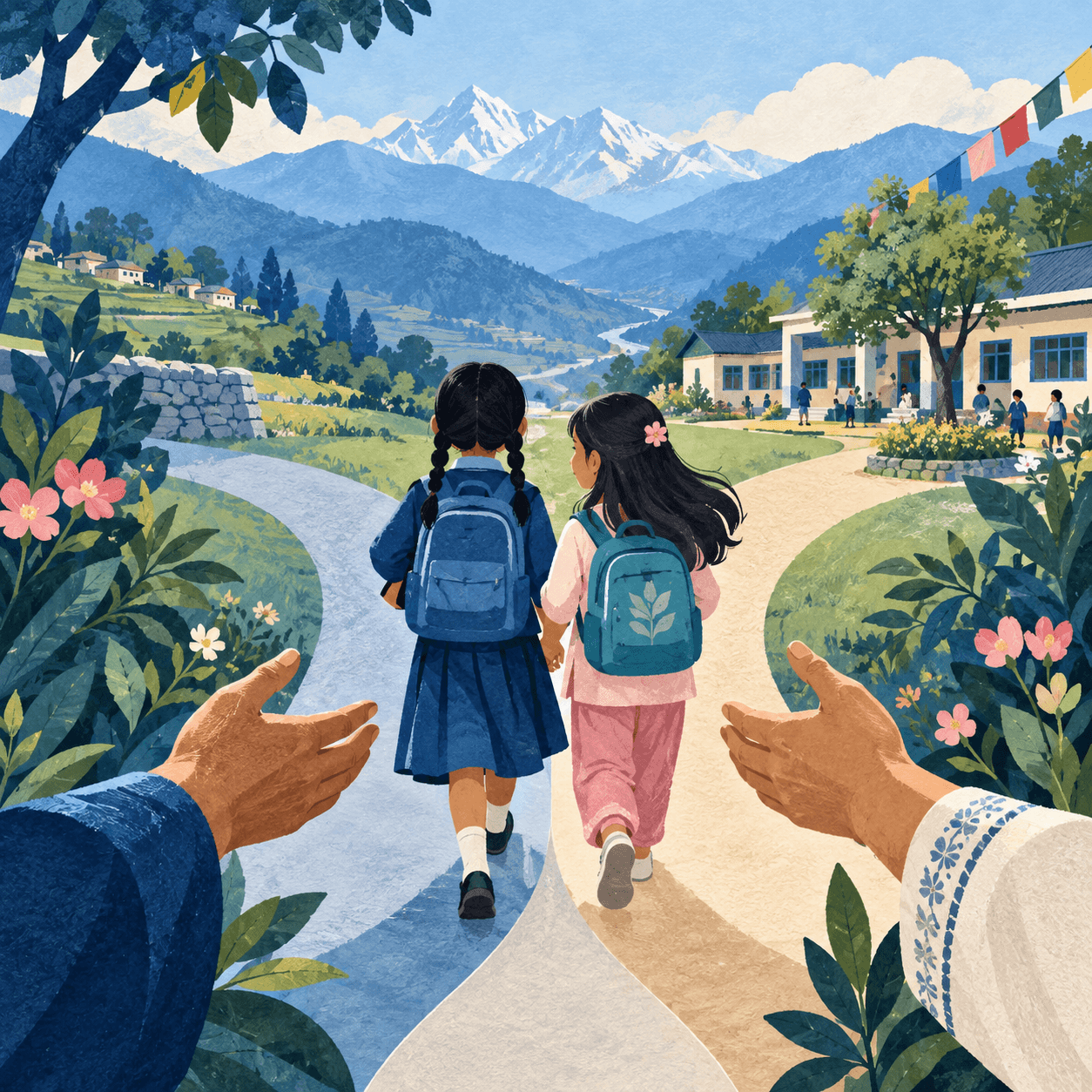 Illustration of two sisters following paths toward a welcoming school in Nepal