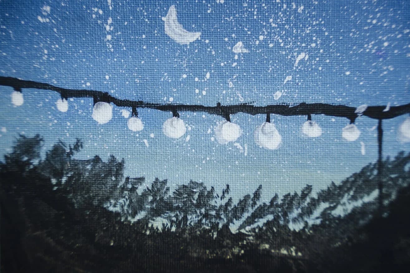 A painting of a string of glowing round lights hanging across a speckled blue night sky with a crescent moon, above dark treetops.