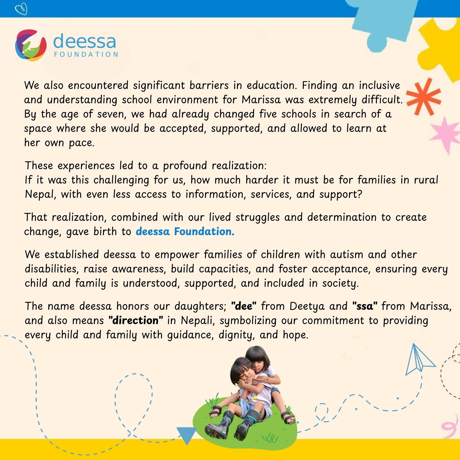 deessa Foundation story graphic about the experiences that led to the foundation